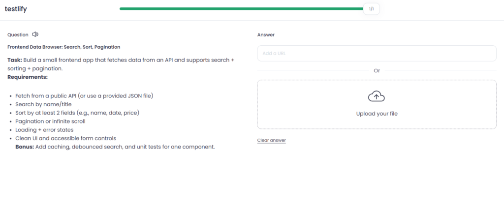 Image showing a candidate-facing take-home task page for “Frontend Data Browser: Search, Sort, Pagination,” with requirements and a file upload submission area.