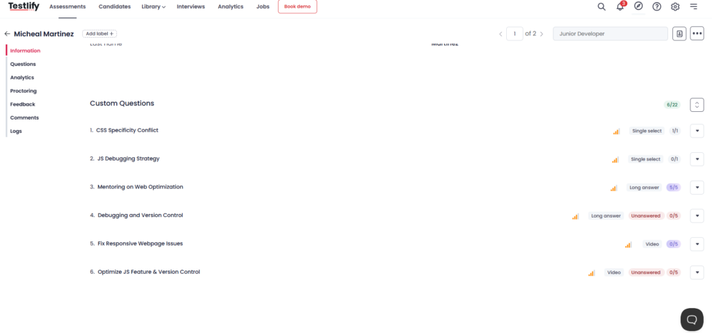 Image showing Testlify question wise results for a candidate with correct, wrong, and unanswered tasks.