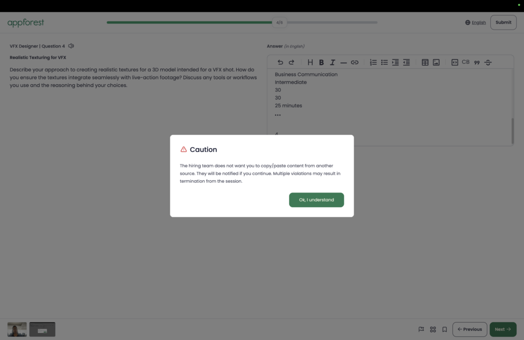Testlify copy-paste tracking feature