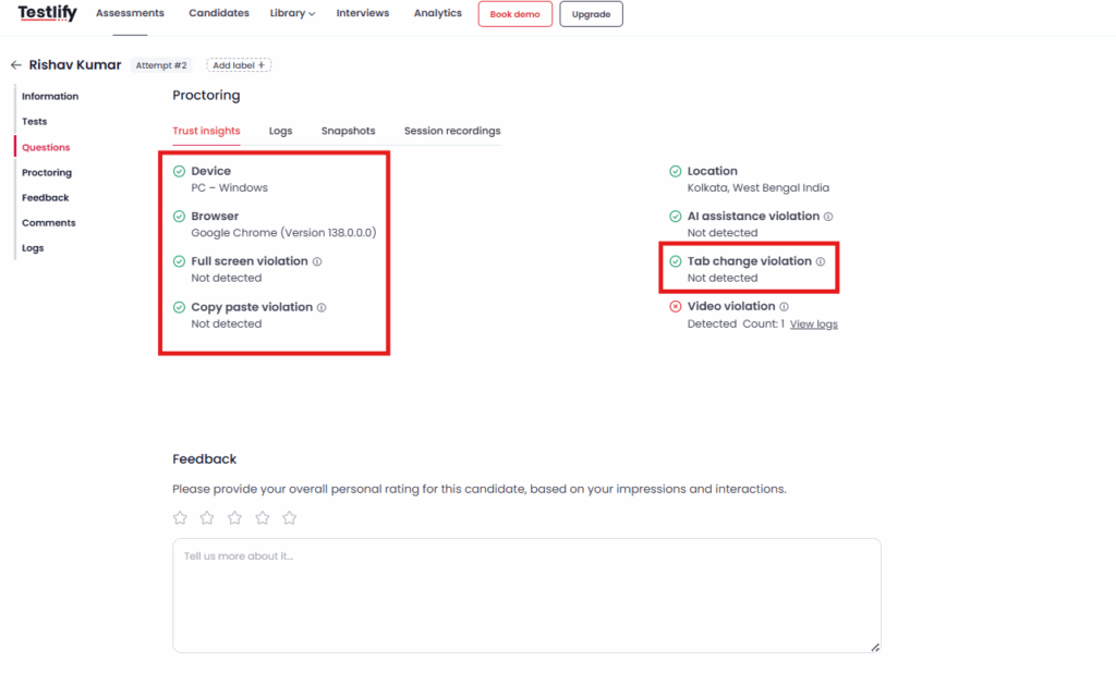 Image showing Testlify's proctoring dashboard with trust insights like device details, IP violation status, and flagged behaviors such as tab changes, full screen violations, copy-paste attempts, and location tracking.