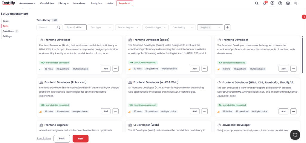 Image showing the Testlify Tests Library with filters and multiple “Frontend Developer” test cards, each with duration, question count, and an “Add” button.