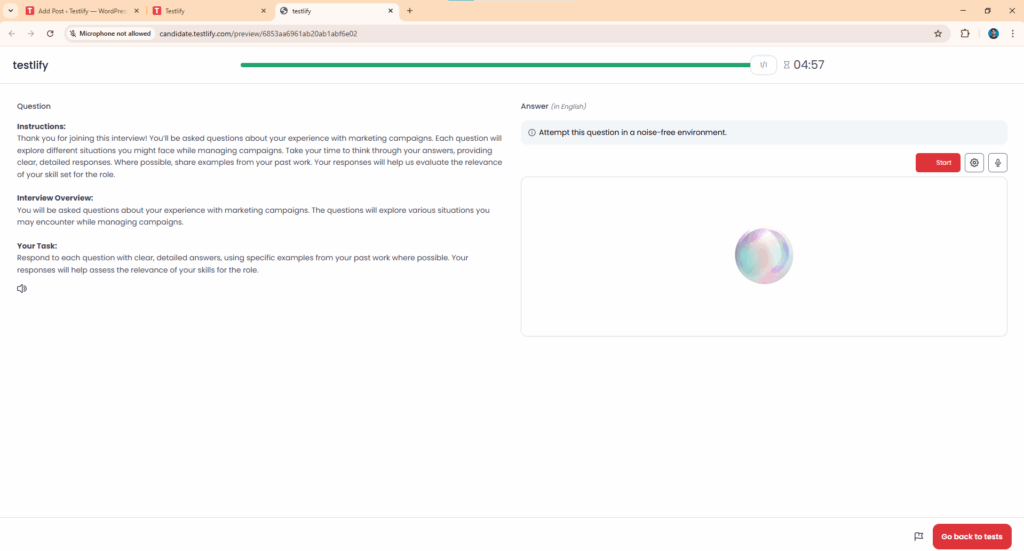 Testlify AI audio interview screen displaying a marketing campaign question with answer input and recording options.
