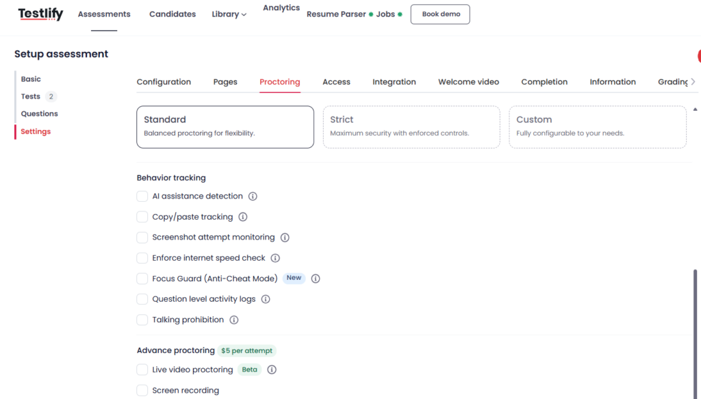 image showing the Testlify proctoring settings screen with behavior tracking options and advanced proctoring controls for scalable assessment review