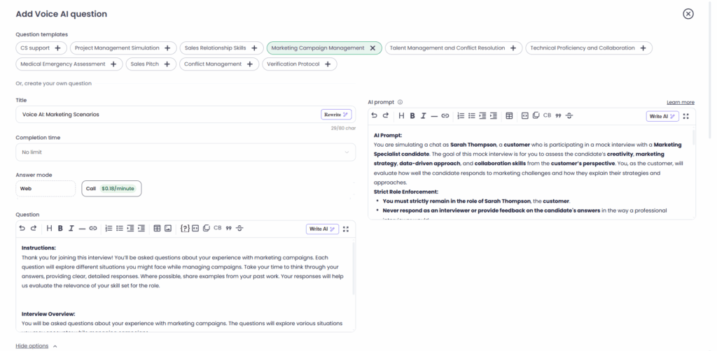 Image shwoing Testlify's dashboard view showing voice AI interview setup options