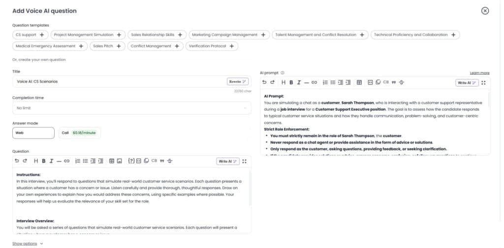 Screenshot of Testlify dashboard showing the ‘Add Voice AI Question’ interface, with question templates, AI prompt editor, and candidate instructions panel.