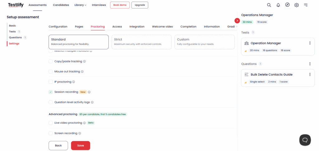 Image showing proctoring settings in Testlify show options like AI-based session recording, live video proctoring, and customizable monitoring controls for real-time exam oversight.