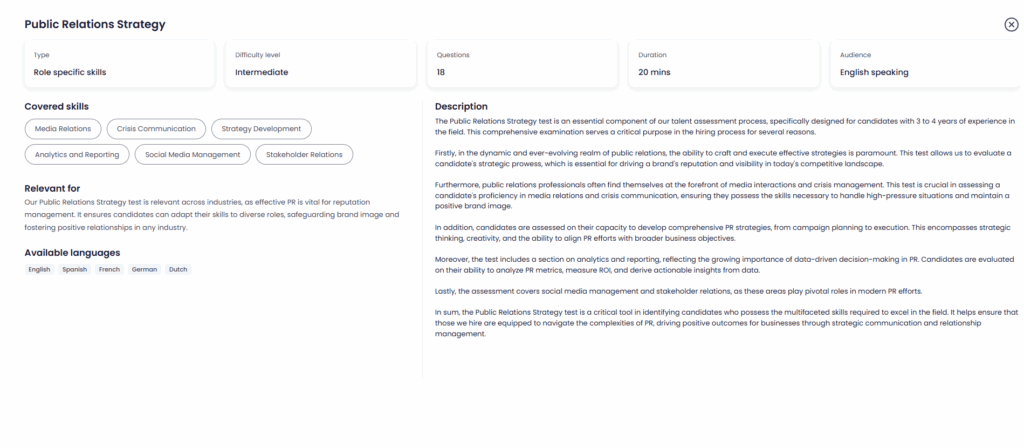 Image showing Testlify's Public Relations Strategy test overview with skills like media relations, crisis communication, and stakeholder management.