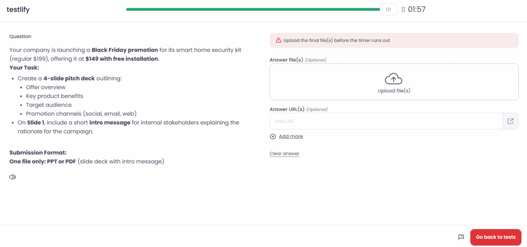 Image showing Testlify's interface where candidates upload creative tasks such as social media pitch decks under timed test conditions.
