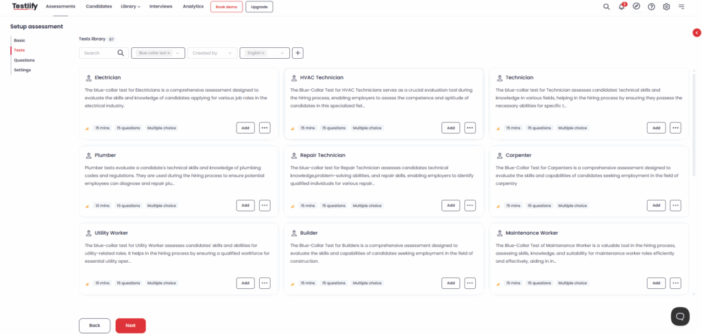 Image showing Testlify's test library showing blue-collar role-specific tests