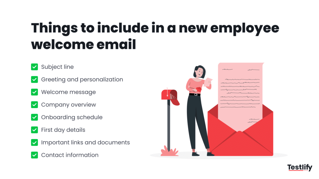Infographic showing key elements to include in a new employee onboarding email template
