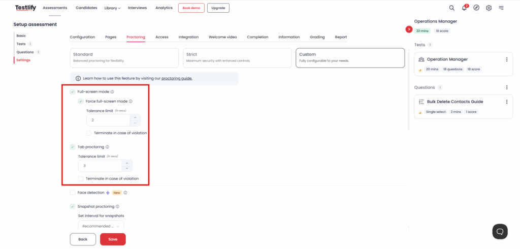 Screenshot of Testlify proctoring settings for full-screen mode, tab proctoring, tolerance limits, and termination rules.