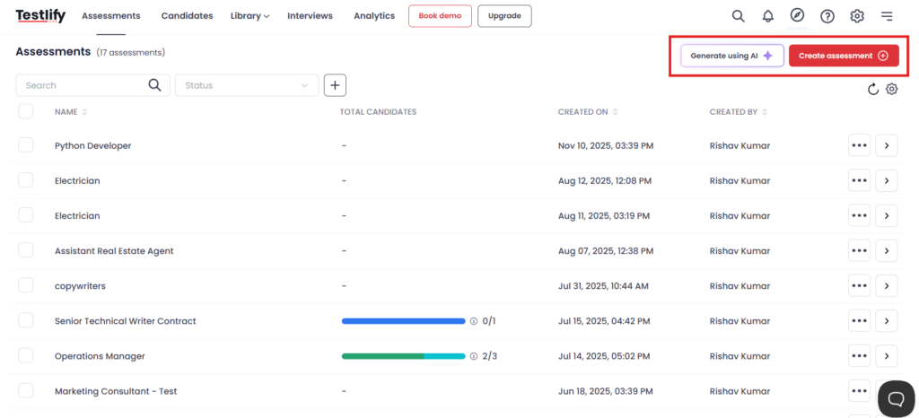 Image showing two options to create an assessment with Testlify (Create using AI & Manual)