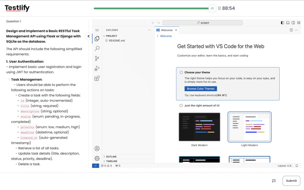 Candidate writing code in VS Code during a Testlify live coding assessment