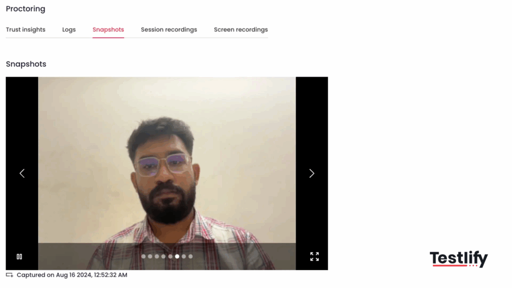 Image showing a webcam snapshot recorded by Testlify's proctoring system, used to verify candidate identity at intervals and prevent impersonation during online tests.