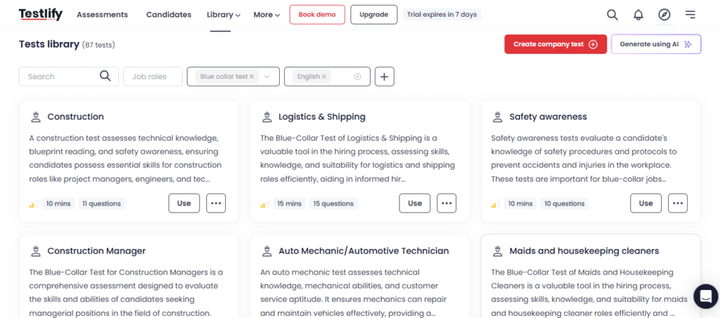 Blue collar test library from Testlify