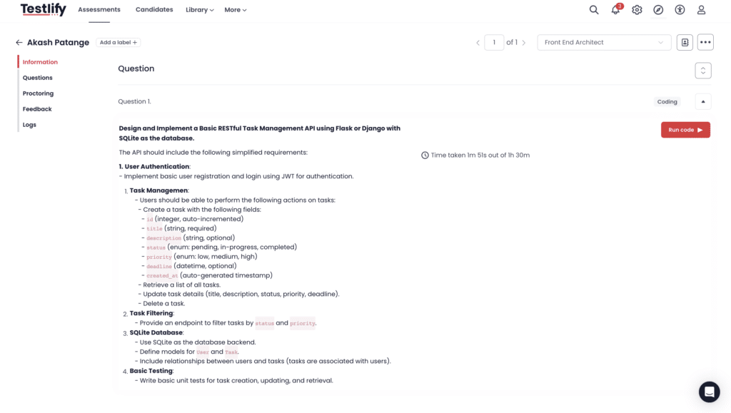Reviewing a candidate's proctored live coding submission on the Testlify candidate detail page