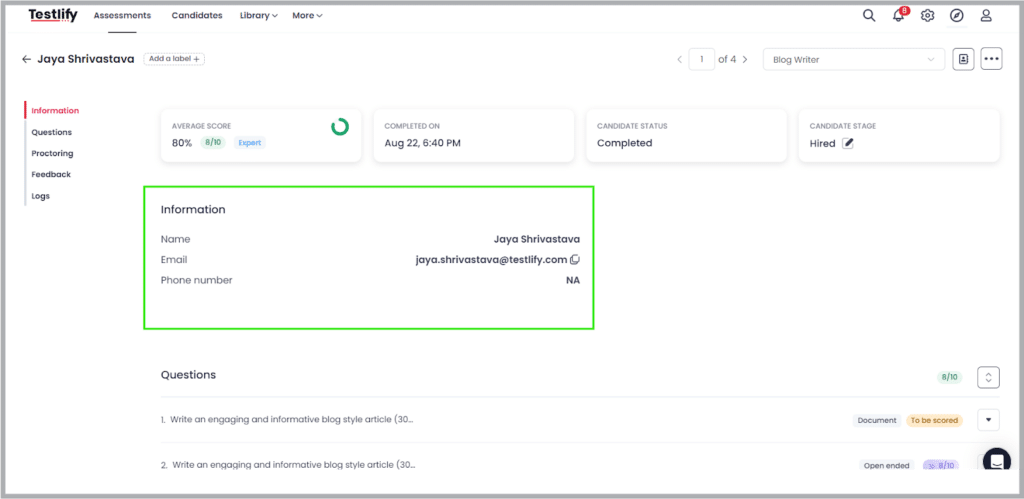 Testlify's performance analytics