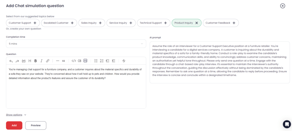 Example of chat simulation question