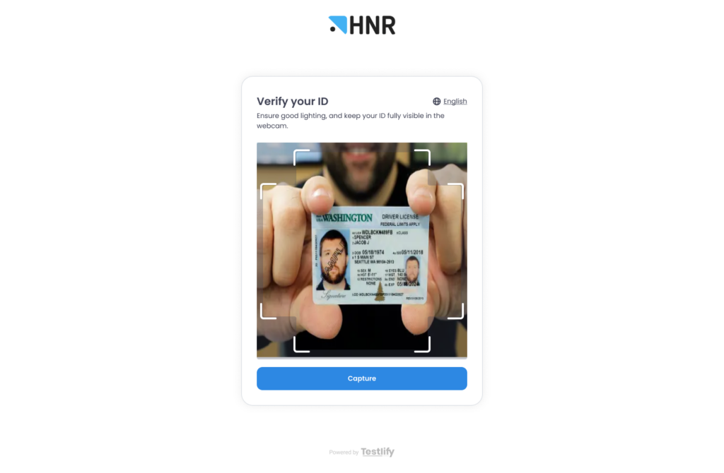 Screenshot of Testlify photo ID verification screen asking the candidate to capture their ID.
