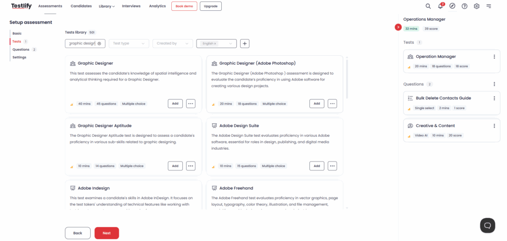 Image showing Testlify's assessment library showing various graphic designer skill tests.