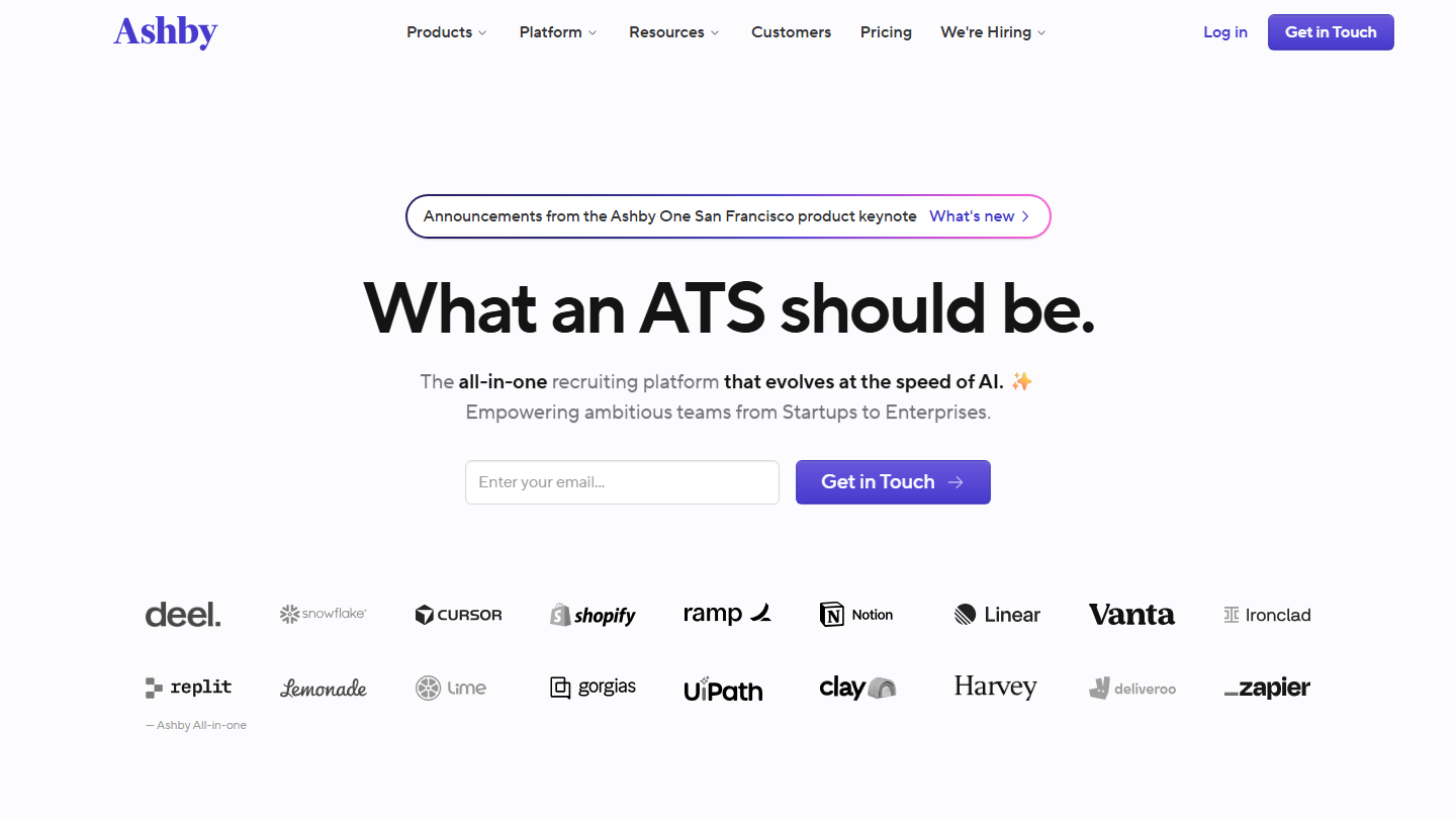 Ashby analytics-first ATS platform homepage hero section