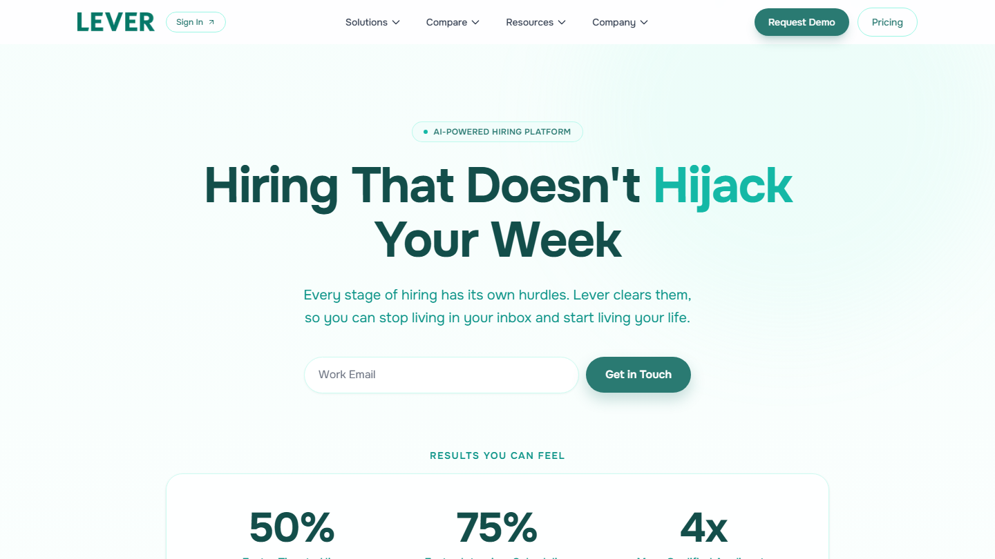 Lever ATS and CRM recruiting platform homepage hero section