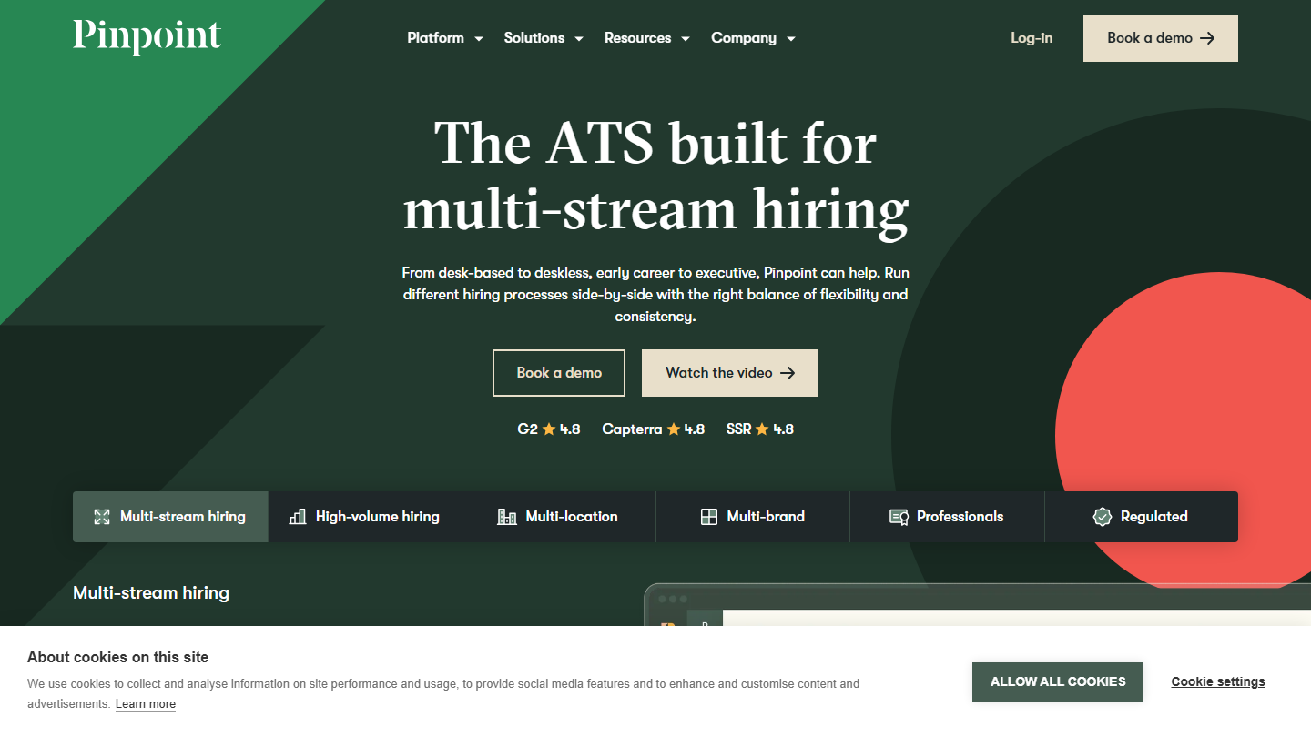 Pinpoint ATS platform homepage hero section
