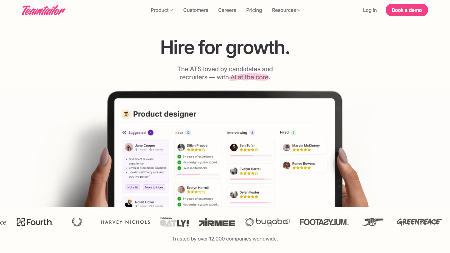 Teamtailor career site and ATS platform homepage hero section