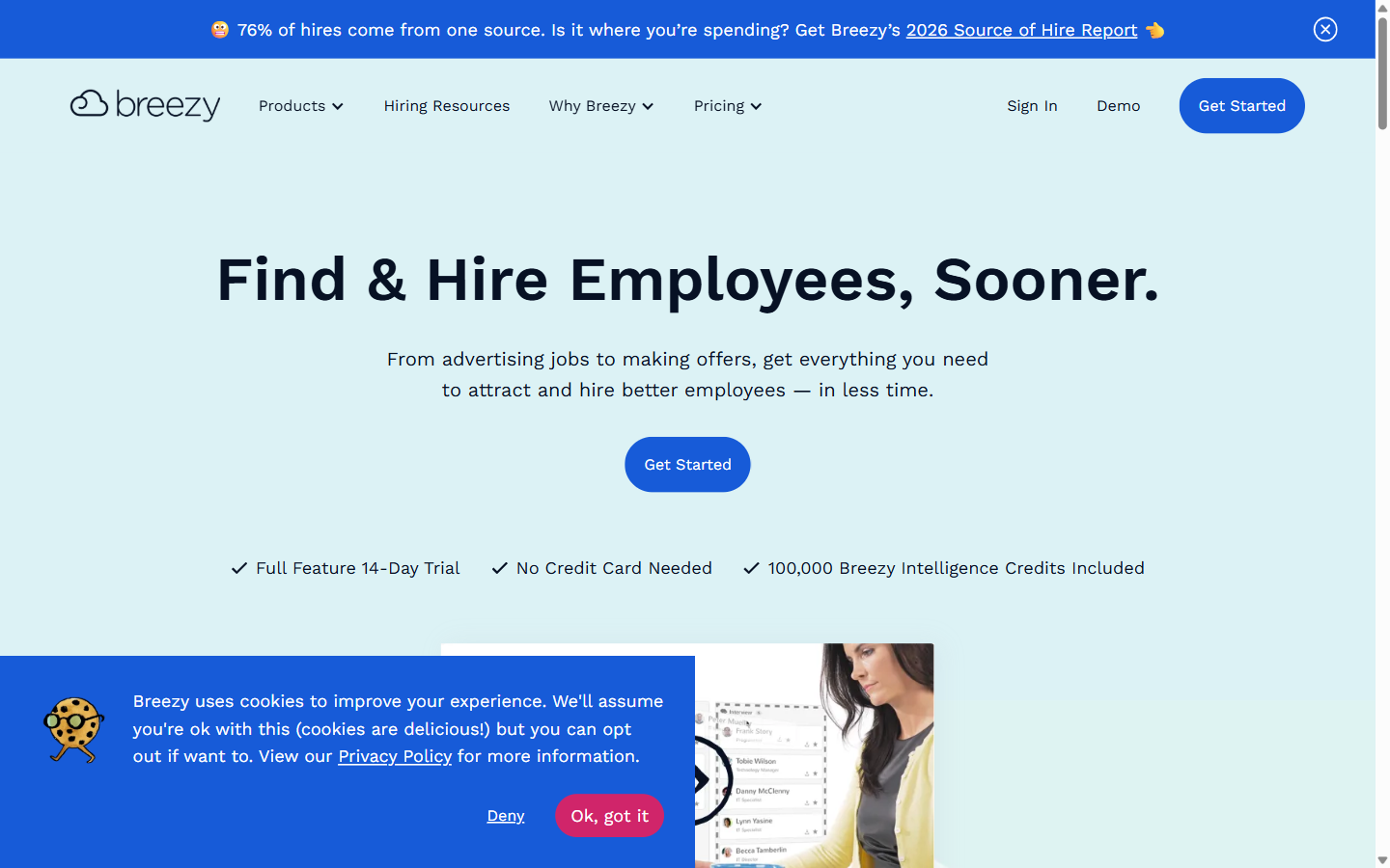Breezy HR homepage hero section - visual applicant tracking system