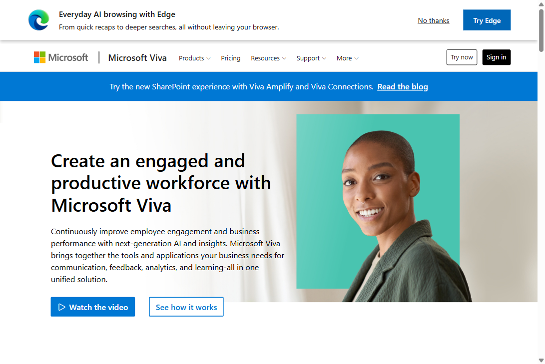 Microsoft Viva homepage hero section