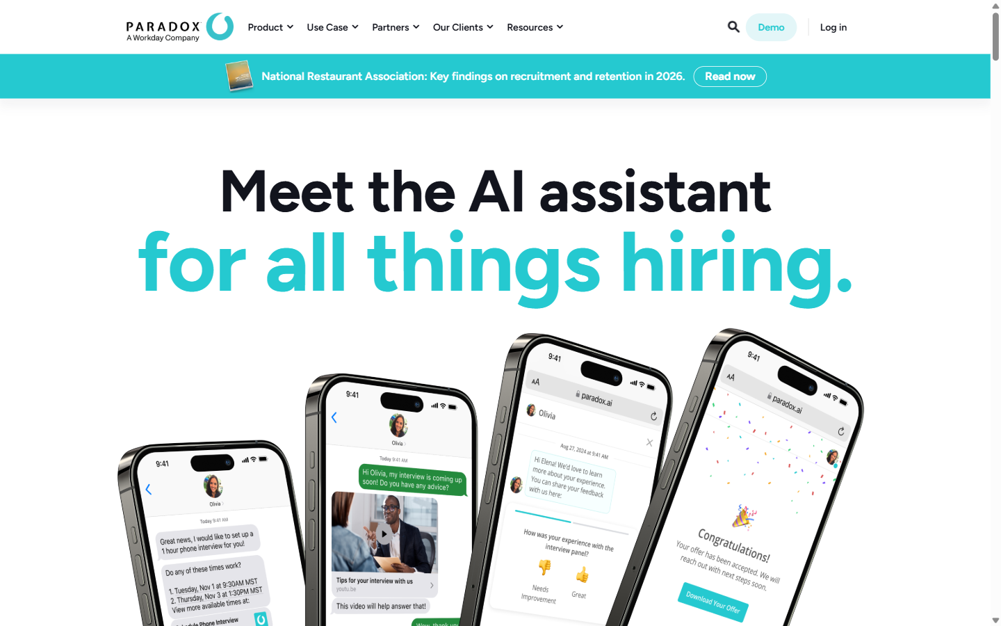 Paradox homepage hero section - conversational hiring assistant Olivia