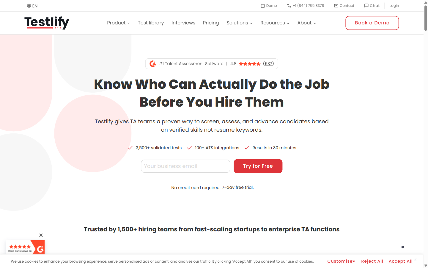 Testlify homepage hero section - AI skills assessment platform