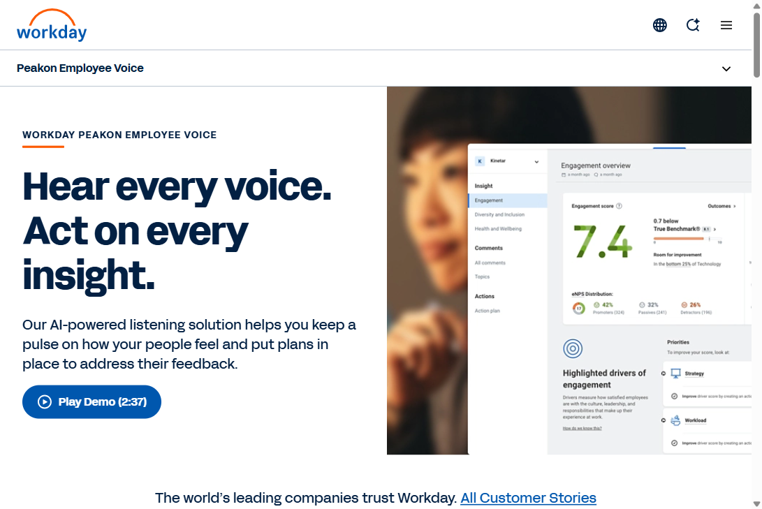 Workday Peakon Employee Voice homepage hero section