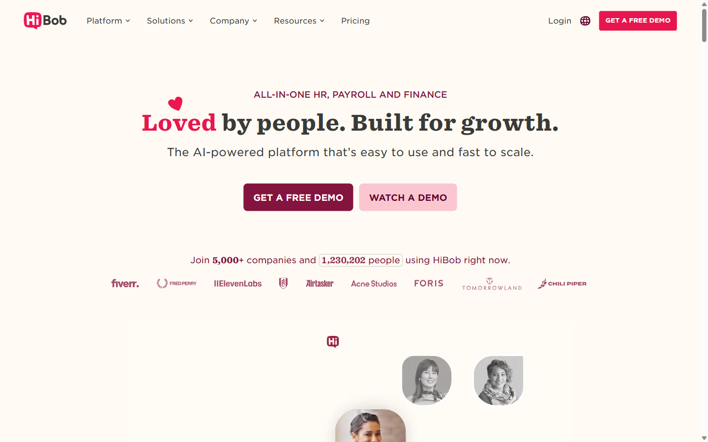 HiBob HRIS platform homepage