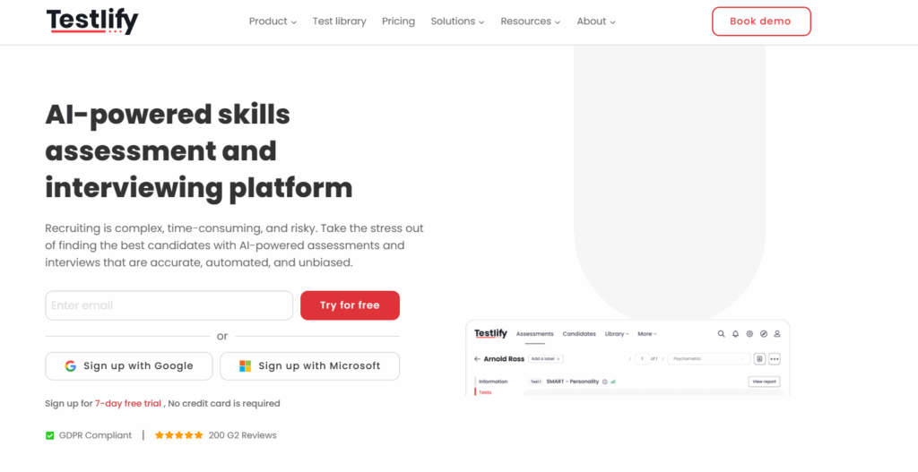 Image of Testlify's homepage which is the best technical skills assessment platform in the market