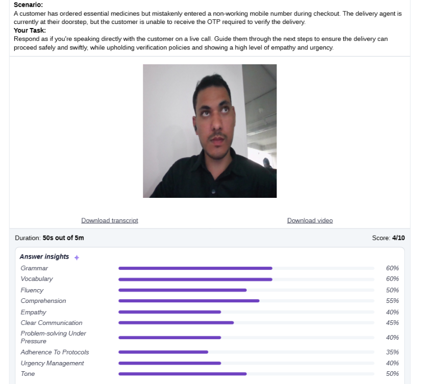 Testlify candidate AI interview performance report