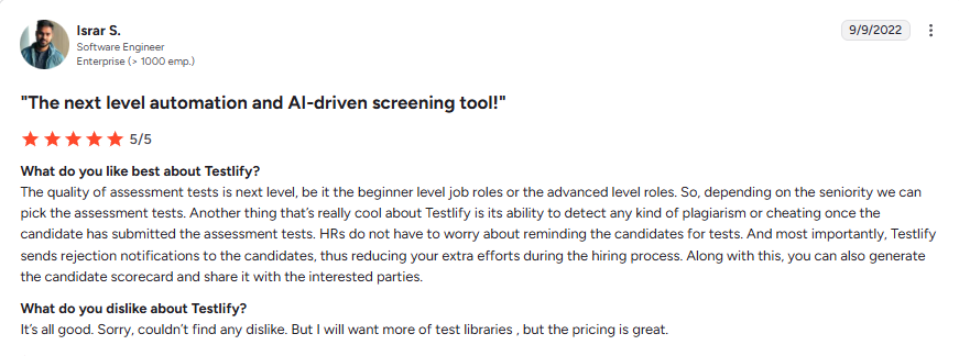 Testlify G2 reviews