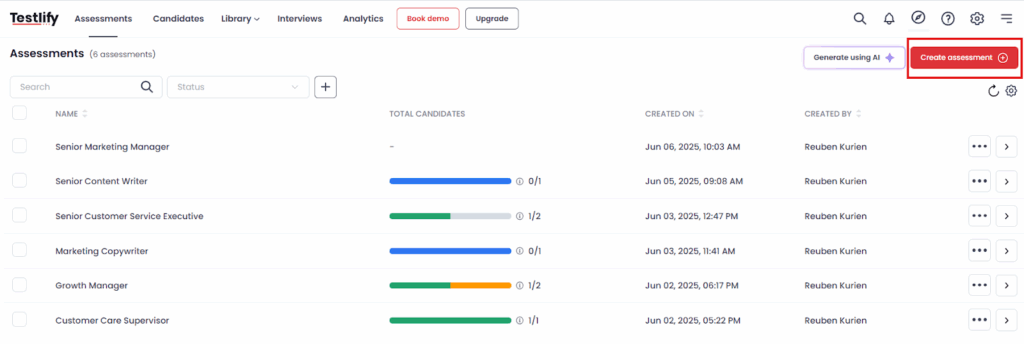 Image showing Testlify's dashboard where you can begin creating a new assessment test