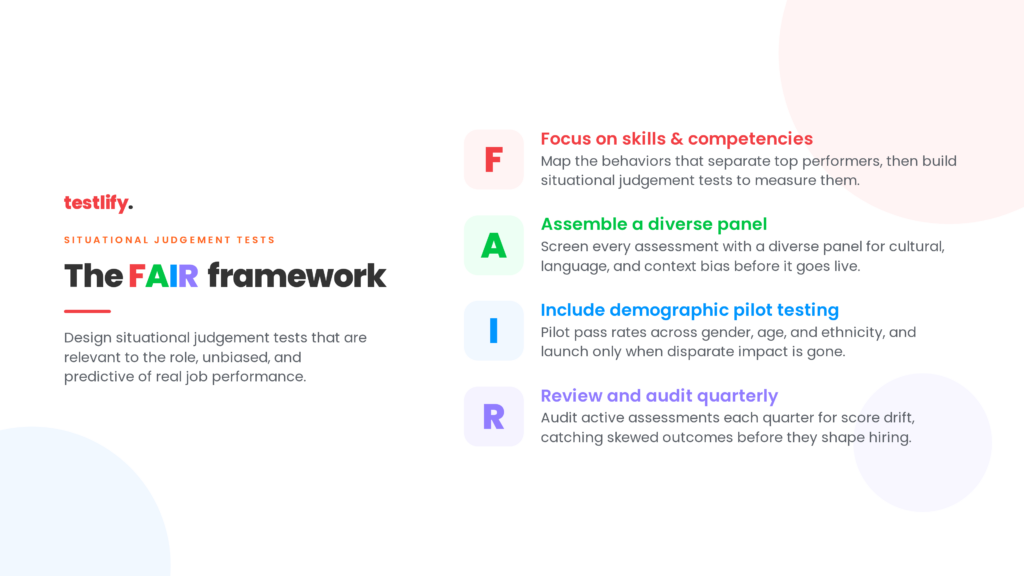 Image of the FAIR framework which can be used by recruiters to design bias resistant situational judgement tests