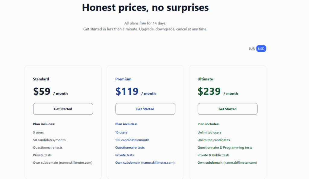 Skillmeter pricing page