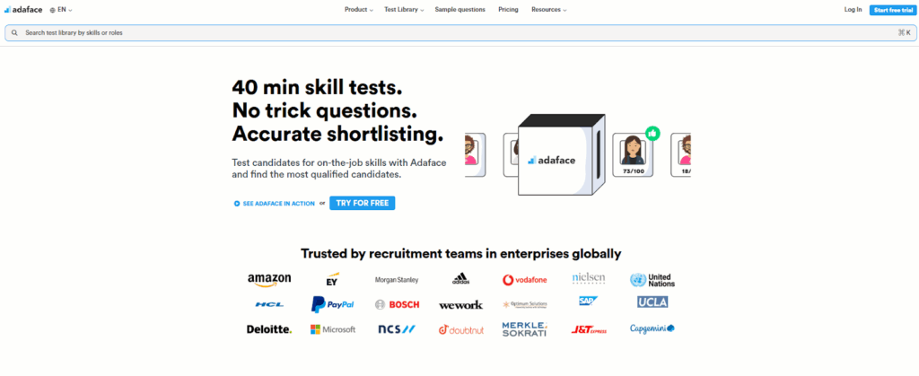 Image of Adaface homepage which is one of the best technical assessment platforms in the market