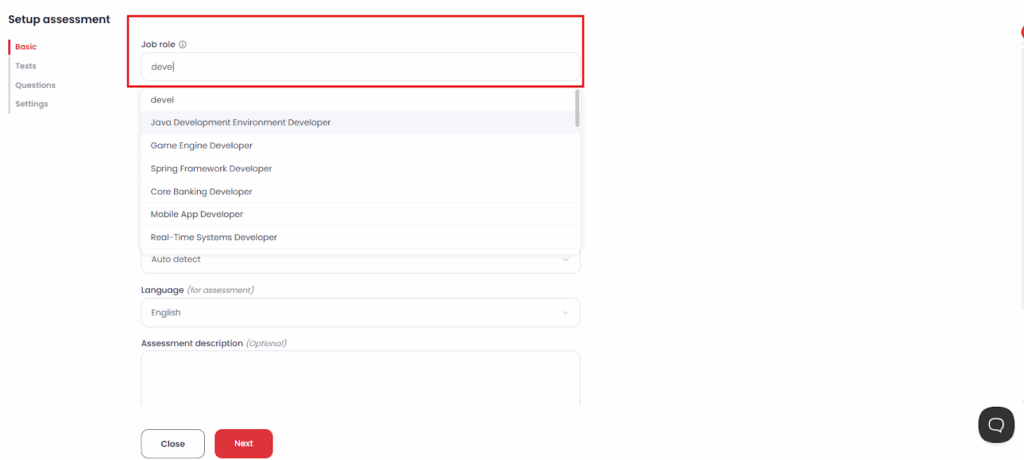 Image showing Testlify's dashboard where you can enter relevant job details