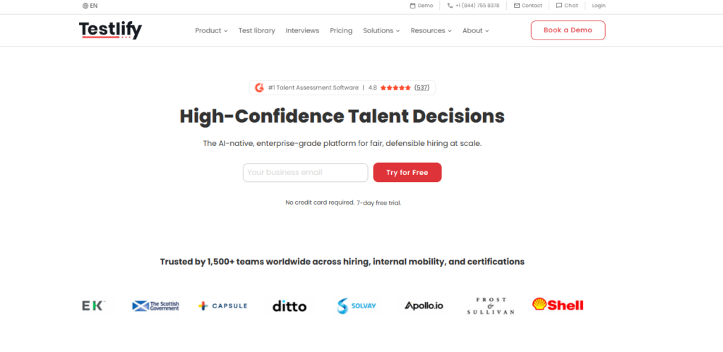 Image of Testlify homepage which is  the best overall campus hiring tool for recruiters
