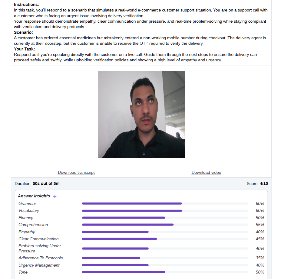 Testlify reports showing candidate performance in a conversational AI interview