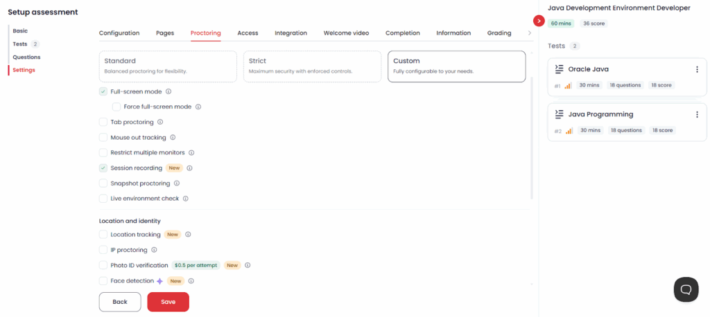 Image showing Testlify's dashboard  where recruiters can configure proctoring and anti-cheating measures, set time limits and incorporate their own custom branding into the assessments