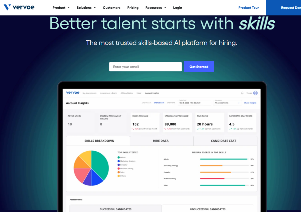 Image of Vervoe homepage which is a campus hiring tool