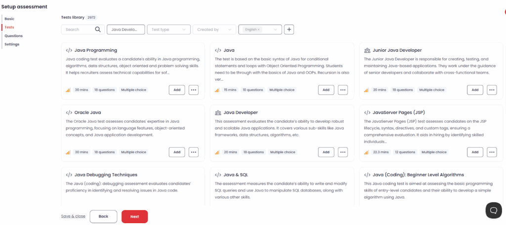 Image showing Testlify's extensive test library where recruiters can pick and choose their desired questions for job specific tests