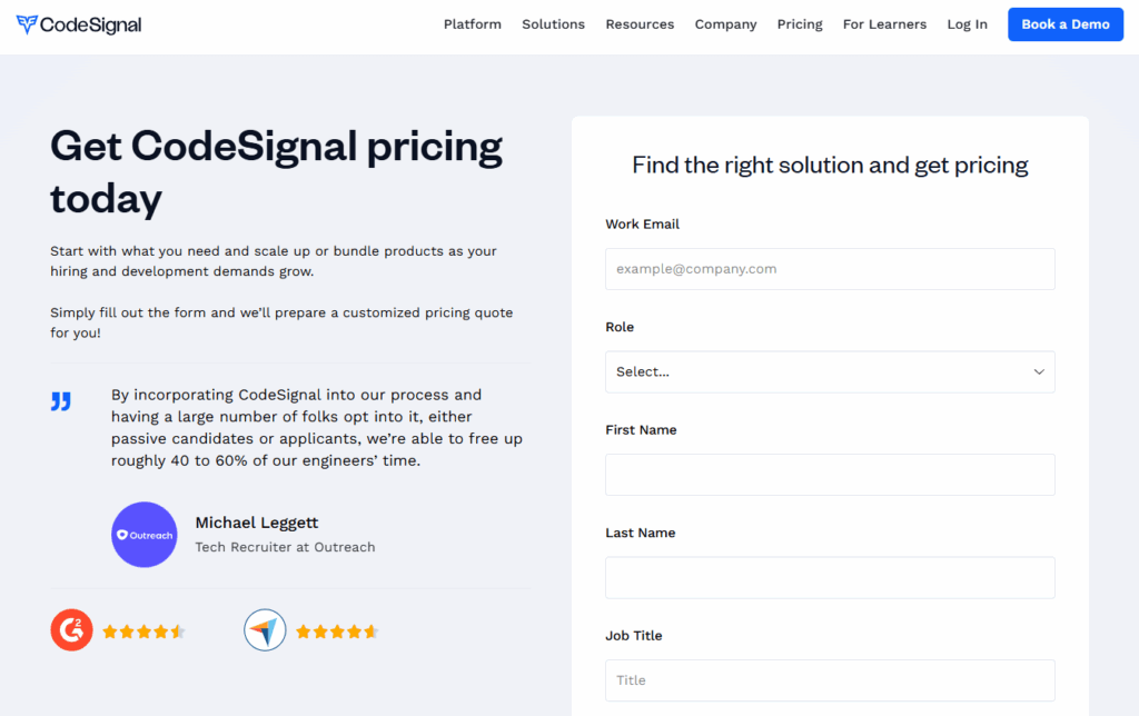 Image of CodeSignal's pricing page