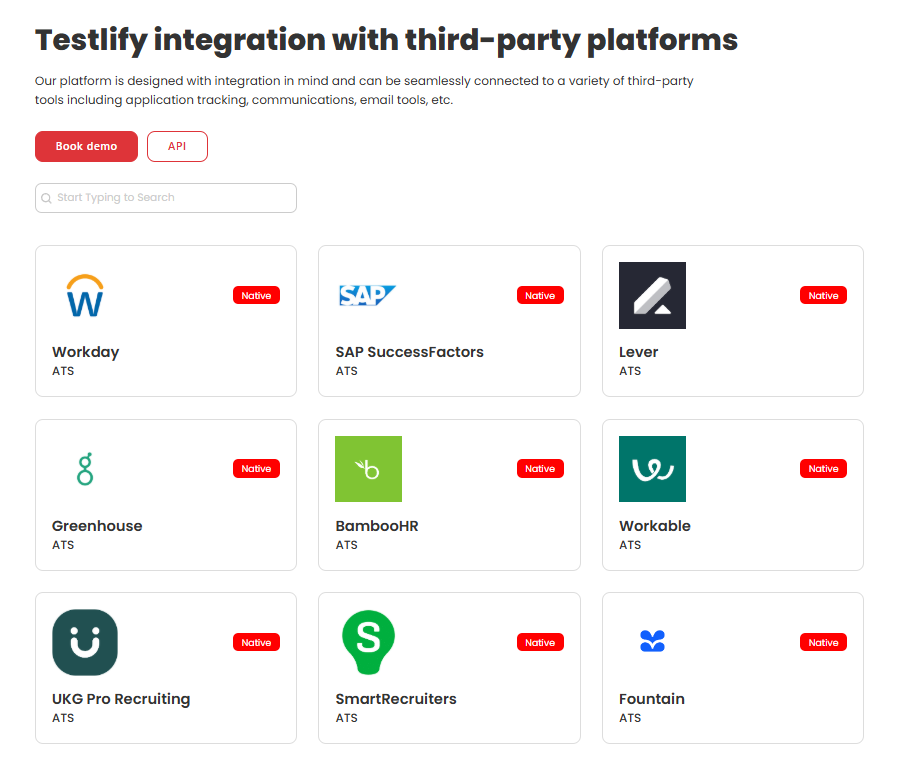 Image showing a few of the 100+ ATS integrations supported by Testlify 