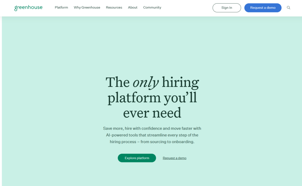 Image of homepage of Greenhouse which is ATS platforms that does a great job of supporting candidate sourcing efforts
